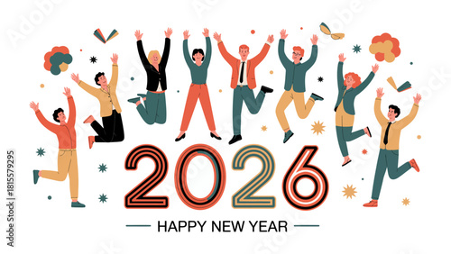 Celebration of the Year 2026: A vibrant group of people celebrate the arrival of the New Year, depicted in a modern, cheerful, and forward-looking manner, embodying excitement and anticipation.