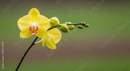 A close-up of a yellow orchid with buds on a stem, set against a soft blurred background.