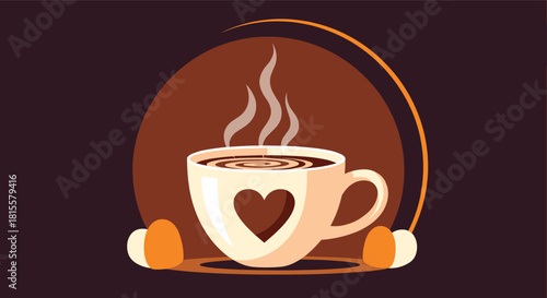 A cozy illustration of a steaming cup of hot coffee with a heart design on it, set against a warm, dark, abstract background.