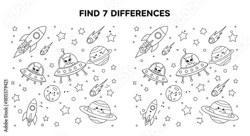 A black and white 'find 7 differences' educational game for kids with a cute outer space theme full of planets and aliens.