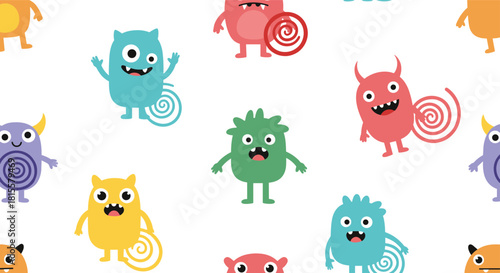 A playful and seamless pattern background featuring a variety of colorful and friendly cartoon monsters with funny and happy expressions.