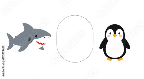 A cute cartoon shark and penguin with a blank oval frame in the middle for text, perfect for party invitations or labels.