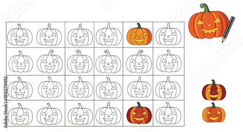 A fun Halloween-themed coloring and logic puzzle game for children, where they need to find and color the correct pumpkin faces.