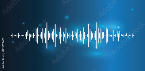 Dynamic sound wave audio equalizer on a blue gradient background with light effects