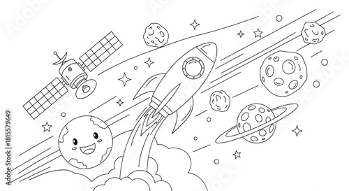 An exciting outer space coloring page for kids with a rocket launching past a satellite, cute Earth, Saturn, and other celestial bodies.