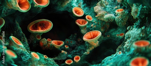 Wallpaper Mural Vibrant Alien Flora: Glowing Orange Cups in a Textured Teal Subterranean Abyss Torontodigital.ca