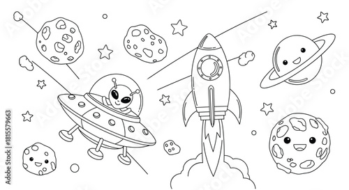 A cute outer space coloring page for kids, featuring a friendly alien in a UFO, a rocket ship, and smiling planets and asteroids.