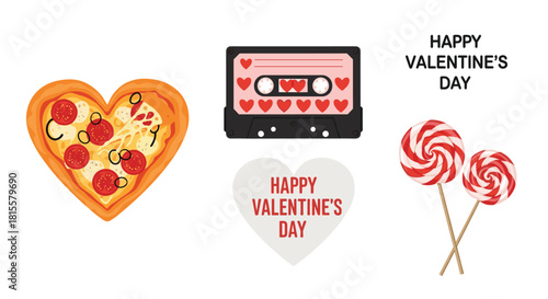 A set of cute Valentine's Day icons including a heart-shaped pizza, a retro cassette tape, and sweet red and white lollipops.