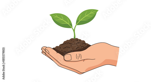 A person's hand carefully holding a small mound of soil with a young green sprout growing from it, symbolizing growth and nature.