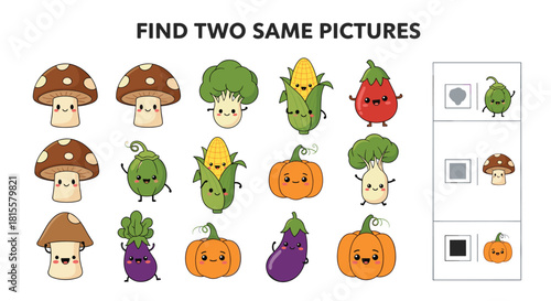 A 'find two same pictures' educational game for children with a variety of cute kawaii vegetable characters like mushrooms and corn.