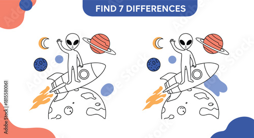 A fun find the differences educational puzzle for kids with a cute alien riding a rocket through space with colorful planets.