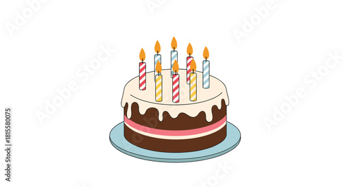 A festive and delicious-looking cartoon birthday cake with chocolate layers, white frosting, and nine colorful lit candles on top.