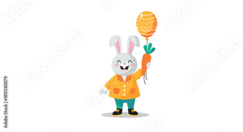 A cheerful cartoon Easter bunny character wearing a jacket and holding a carrot that is tied to a decorated Easter egg balloon.
