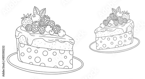 A delicious-looking black and white coloring page showing two slices of polka-dotted cake topped with a variety of fresh berries.