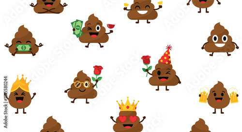 A fun and seamless pattern featuring a variety of rich poop emoji characters in different poses like celebrating, meditating, and being in love.