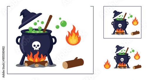 A pixel art illustration of a witch's cauldron bubbling with green potion over a fire, perfect for Halloween game assets.