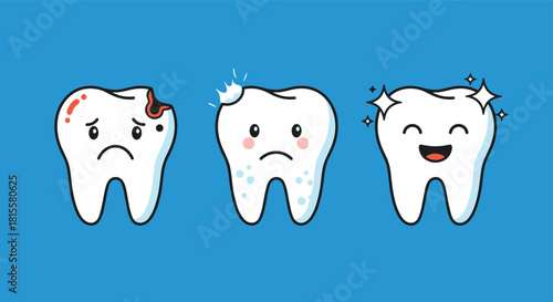 A cartoon illustration showing the stages of tooth health from a sad, decayed tooth to a sparkling clean and happy tooth.
