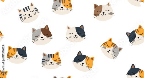 A cute and calming seamless pattern featuring the sleeping faces of various cartoon cats in calico, tabby, and solid colors.