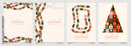 A set of festive cards featuring looping garlands and a geometric tree made of colorful Christmas icons on soft backgrounds, creating a cheerful seasonal mood for holiday and year-end greetings.