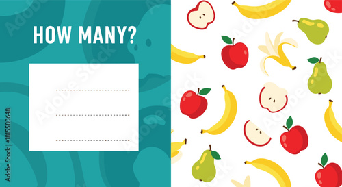 An educational counting game for preschool children with a vibrant pattern of fruits like apples, bananas, and pears to tally.