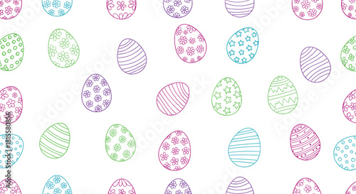 A colorful and seamless Easter pattern background featuring hand-drawn decorated eggs in various festive colors on a white field.