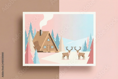 北欧風、雪の森の小さな木の小屋とトナカイ
