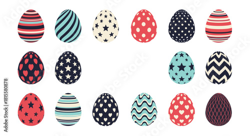 A festive collection of seventeen decorated Easter eggs featuring a variety of colorful patterns like stripes, dots, stars, and hearts.