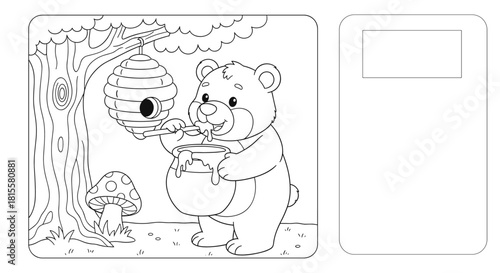 A black and white coloring page for children featuring a cute bear cub eating honey from a pot near a beehive on a tree.