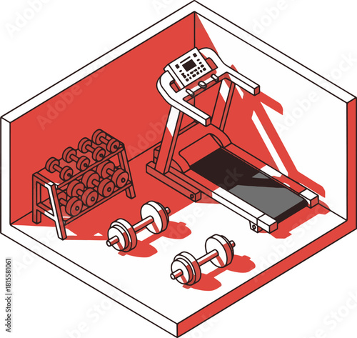Isometric illustration of a gym interior with a treadmill, dumbbells, and weights on a red and white background.