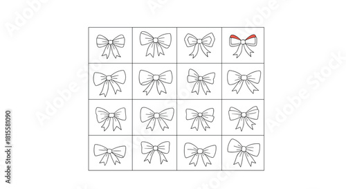 A find the odd one out puzzle for kids, presented as a coloring page with a grid of hand-drawn bows, one slightly colored.