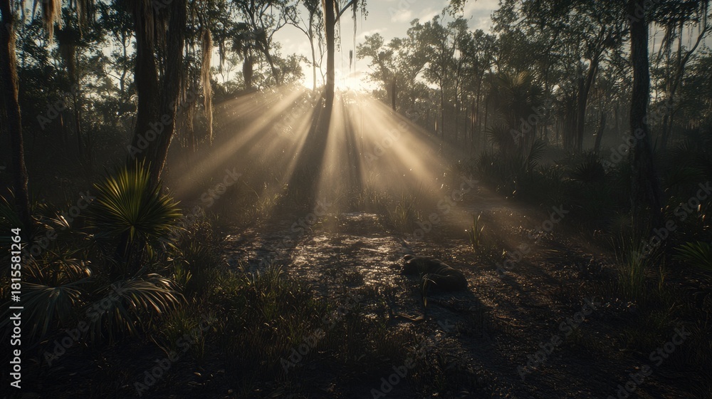 Fototapeta premium Ethereal Sunbeams Pierce Through Misty Swamp Forest Canopy, Illuminating a Serene, Untamed Landscape