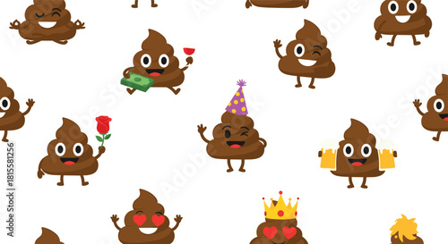 A funny and seamless pattern background featuring various cute poop emoji characters with different emotions and accessories.