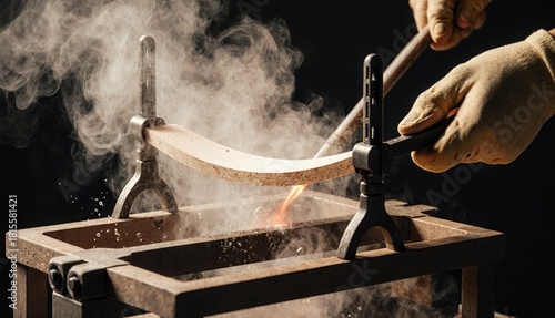 In a workshop, skilled hands carefully shape a wooden piece, using clamps and heat