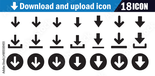 Download and upload icon set. Vector collection of 18 black arrow and circular button symbols for web interface.
