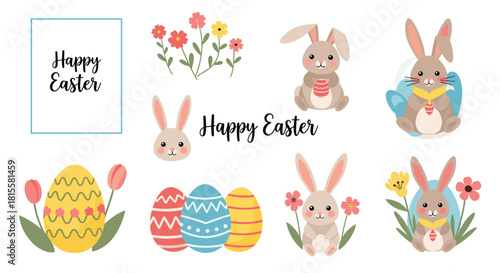 A charming collection of hand-drawn Easter elements including cute bunnies, colorful decorated eggs, flowers, and 'Happy Easter' text.