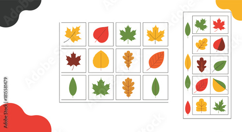 A matching or memory game for children featuring a variety of colorful autumn leaves like maple and oak in a grid layout.