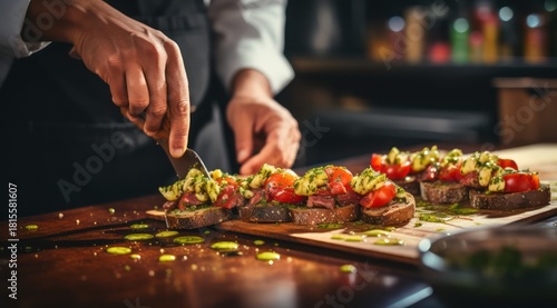 Closeup chef preparing beef bruschetta with avocado and tomatoes spreading sauce with spatula in professional kitchen in Italian restaurant.
