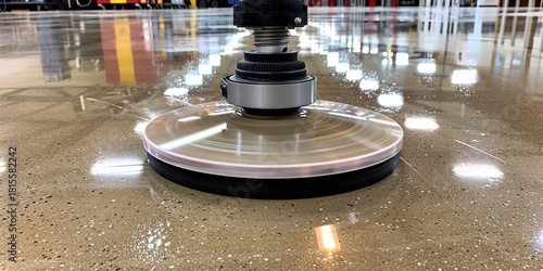 Commercial floor cleaning machine expertly polishes modern concrete surface to high shine