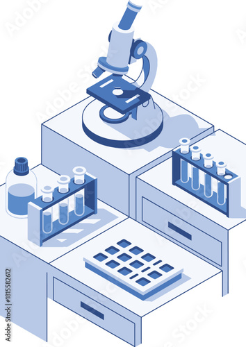 Isometric illustration of a laboratory workstation with a microscope, test tubes, and various scientific equipment on a clean white background.