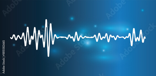 Abstract thin wavy sound wave line isolated on dark blue gradient background with glowing particles