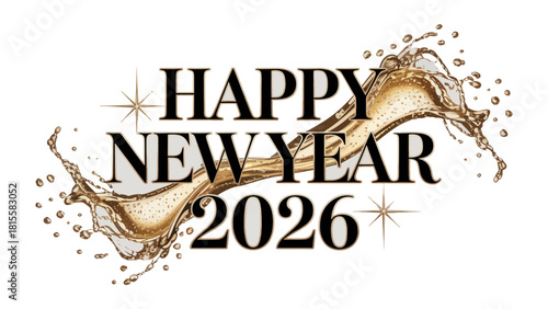 New Year 2026: An elegant splash of champagne, the bubbles dancing and sparkling, forming a beautiful backdrop to the words Happy New Year 2026, symbolizing new beginnings, celebration and festivity.