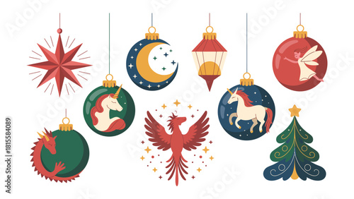 Magical Ornaments: A vibrant collection of whimsical ornaments with fairy, dragon, and unicorn designs, suspended in mid-air. They evoke the spirit of the season