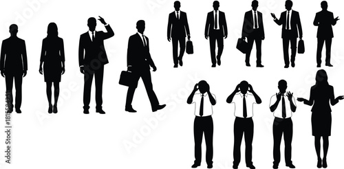Business professional silhouette set, expressive poses, suits and gestures, office attire, flat vector illustration for corporate themes