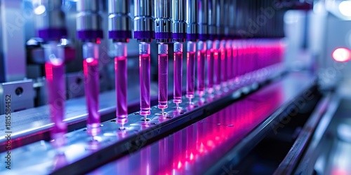Automated pharmaceutical manufacturing line with vibrant pink liquid in test tubes