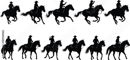Collection of twelve Western cowboy rider silhouettes on horseback, depicting various gaits like running, trotting, and walking, ideal for rodeo, farm, and wild west adventure designs.