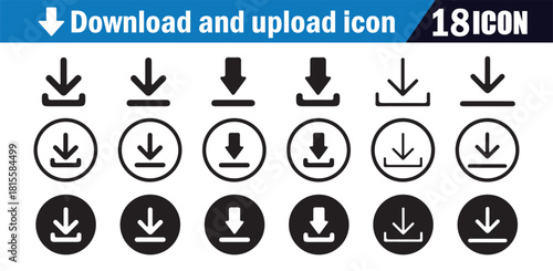 Download and upload icon set. Vector collection of 18 arrow, cloud, and button symbols for data transfer.
