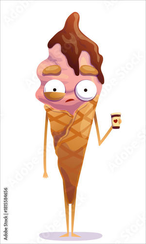 A nervous, colorful ice cream cone with coffee in hand. Ice cream, cone, sweet, character, emotion, nervous, neurosis, dissatisfaction