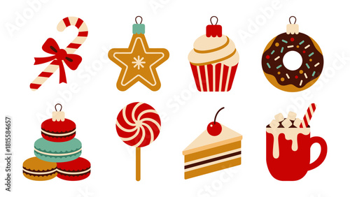 Holiday Treats Delight: Festive holiday treats, like candy canes, gingerbread stars, cupcakes, and donuts, arranged beautifully for a visual feast, spreading cheer and delight