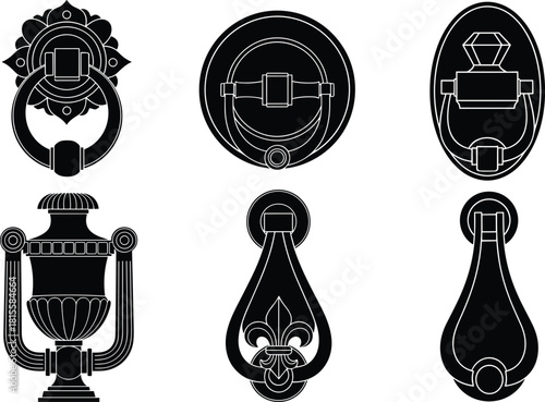 Collection of vintage door knocker silhouettes antique metal gate handles set black symbols cad drawing flat vector illustration