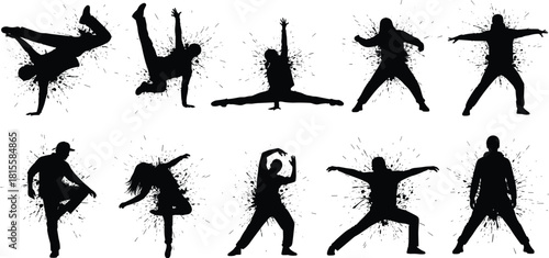Black Silhouette Dancer Action Vector Set with Ink Splatter: Dynamic Dance Moves, Breakdance, Hip Hop, and Artistic 